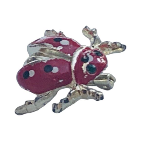 Vintage Red Ladybug Brooch Pin 1" Gold Tone Polka Dot Enamel Cute - Picture 4 of 8